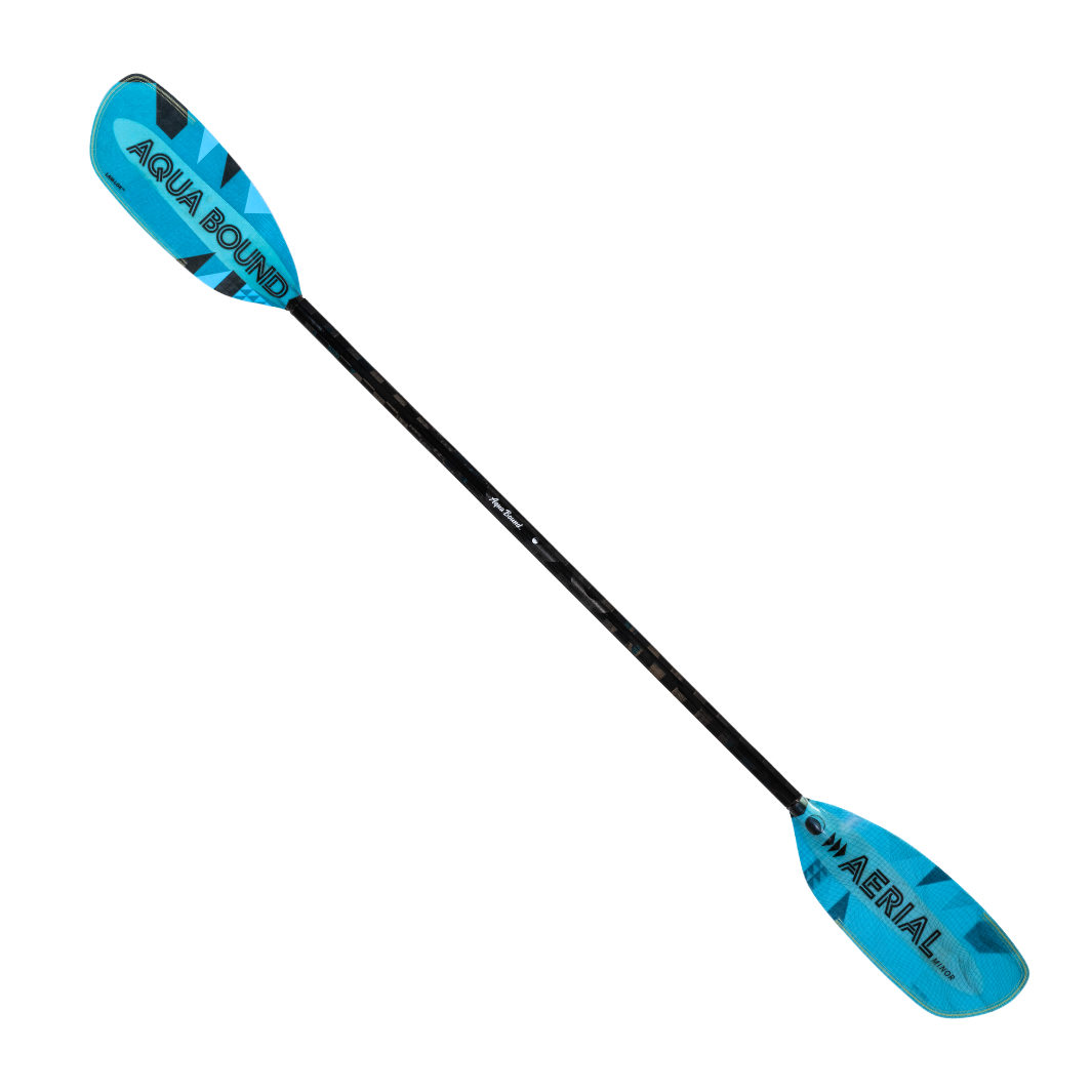 Full Front Profile Of The New Whitewater Aqua Bound Aerial Minor Fiberglass kayak paddle with light Blue, bauhaus graphic, With patent pending Lam-Lok Technology In A 1-Piece Straight Shaft 