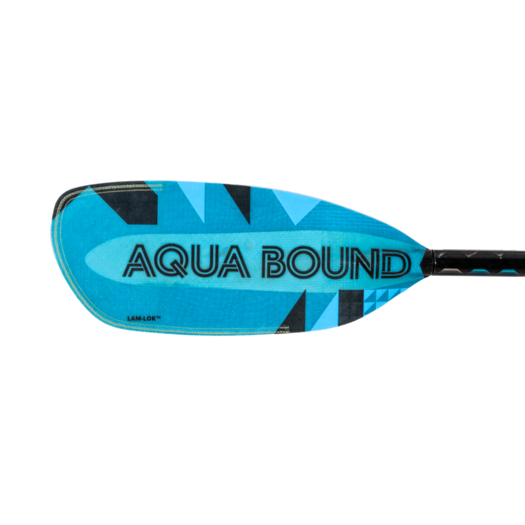 Black Aqua Bound Graphic On Left Front Blade Of Aerial Minor Blue Fiberglass whitewater kayak paddle with light Blue, bauhaus blade color, With patent pending Lam-Lok Technology