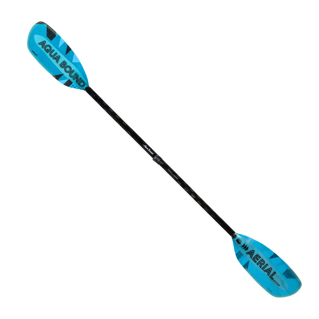 Full Front Profile Of The New Whitewater Aqua Bound Aerial Minor Fiberglass kayak paddle with light Blue, bauhaus graphic, With patent pending Lam-Lok Technology In A 2-Piece Straight Shaft With reinforced Versa-Lok™ at center connection allows 5 cm of adjustable length and infinite offset feathering angle