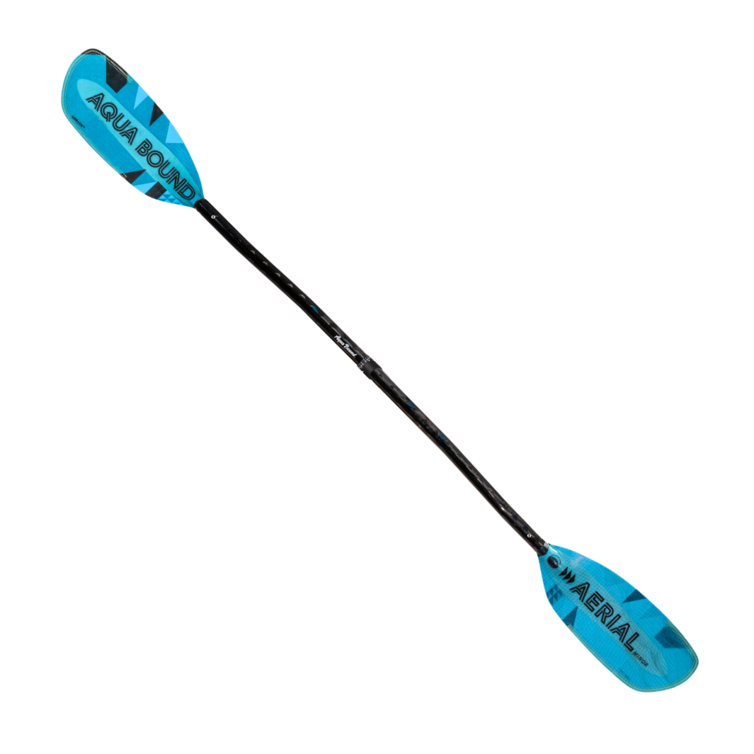Full Front Profile Of The New Whitewater Aqua Bound Aerial Minor Fiberglass kayak paddle with light Blue, bauhaus graphic, With patent pending Lam-Lok Technology In A 4-Piece Crank Shaft Four-piece breakdown with Versa-Lok™ ferrule at center connection and stainless steel snap-buttons at blades