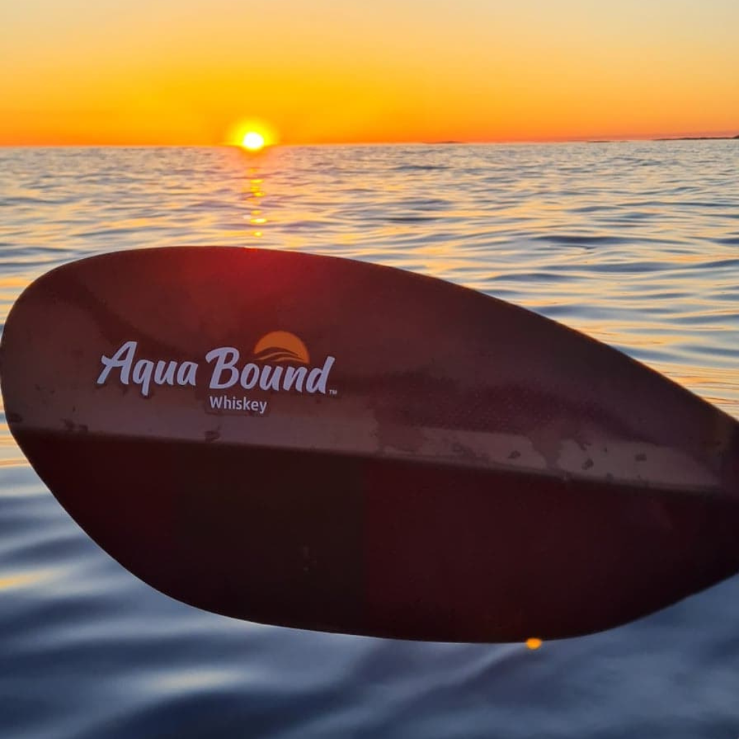 whiskey carbon bent shaft kayak paddle blade in front of a sunset